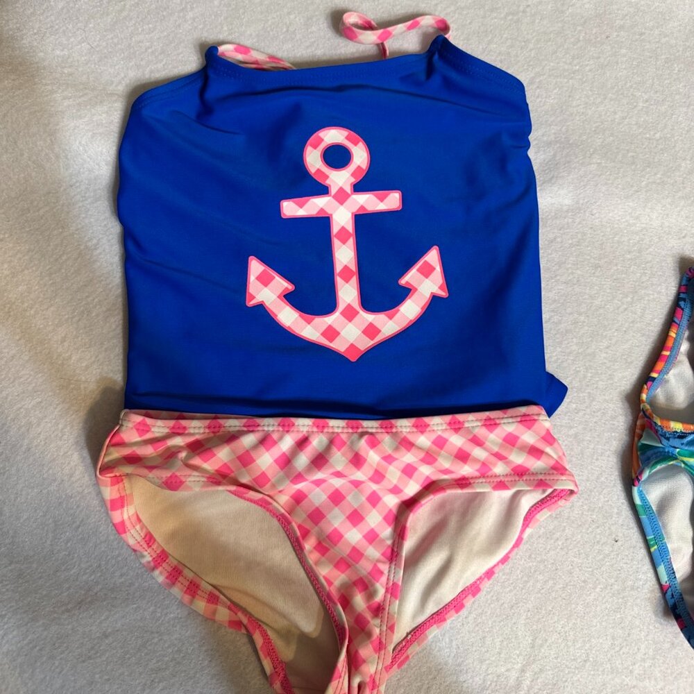 OP 2 Piece Swimsuit Bathing Suit with Anchor theme Plaid Bottoms Size 4 - 5